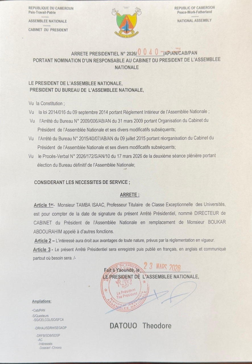 Nomination du Directeur de Cabinet du Président de l'Assemblée Nationale